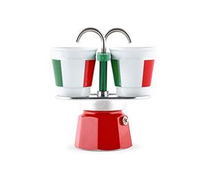 Bialetti Caffettiera Mini Express Italia 2 Tazze + 2 Bicchierini, Alluminio