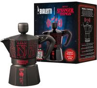 Bialetti Moka Express Stranger Things 3 Tazze, Pomolo Musicale con ricarica USB C, Non adatta ad induzione, 3 Tazze (130ml), Nero