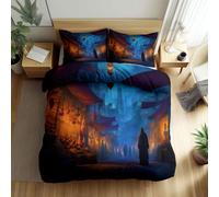 Biancheria da letto blu chiaro, 200 x 200 cm, motivo anime città vecchia, figura segreta, set da 3 pezzi, morbida e confortevole, in microfibra, per ragazzi e ragazze, bambini, con chiusura lampo e 2