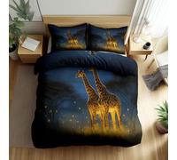 Biancheria da letto blu scuro, 135 x 200 cm, motivo: cielo stellato, giraffa, lucciola, set da 3 pezzi, con 2 federe da 80 x 80 cm, morbida e calda, in microfibra, con chiusura lampo
