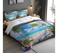 Biancheria da letto di lusso alla moda, stampa con paesaggio marino e palme da cocco, stile romantico per vacanze su un'isola, chiusura con cerniera, lavabile in lavatrice (200x230cm*1/50x75cm*2)