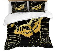Biancheria Da Letto Natalizia 3 Pezzi 260X240Cm Motivo Foglia Di Farfalla In Oro Nero, Ombra, Arte Di Lusso, Moda, Lamina D'Oro 3D Set Copripiumino Matrimoniale Adulti In Microfibra Con 2 Federa 50