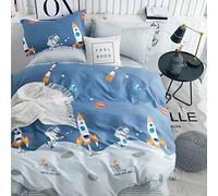 Biancheria da letto per bambini, 135 x 200 cm, motivo astronauta e razzo, 100% cotone, federa 80 x 80 cm, con chiusura lampo, 2 pezzi, blu