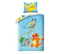 Biancheria da letto per bambini, reversibile, con copripiumino da 140 x 200 cm, federa da 70 x 90 cm, motivo Pokemon con Pikachu, Glumanda, scarabeo e Bulbizarr