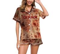 Biancheria da notte da donna Halloween macchie di sangue stampa lettera pulsante anteriore manica corta camicia e pantaloncini pigiama set abbigliamento casa comodo pigiameria, 07# Rosa acceso, XL