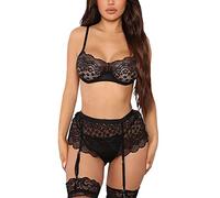 Biancheria intima da donna con reggicalze in pizzo 3 pezzi in tessuto di tè babyput per il corpo con ricamo abito da notte con nastro bikini, Nero , L