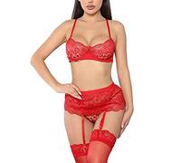 Biancheria intima da donna con reggicalze in pizzo 3 pezzi in tessuto di tè babyput per il corpo con ricamo abito da notte con nastro bikini, Colore: rosso, L