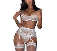 Biancheria intima da donna con reggicalze in pizzo 3 pezzi in tessuto di tè babyput per il corpo con ricamo abito da notte con nastro bikini, bianco, L