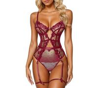 Biancheria intima sexy da donna, body da donna, con inserti in pizzo, e comoda da donna, in pizzo sexy, Brick rosso, XS