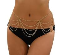 Biancheria intima sexy da donna, collana per il corpo placcata in oro, perle in vita, catena a vita multistrato, con perline, bikini regolabile, catena per il corpo, set sexy, Taglia unica, Metallo