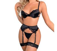 Biancheria intima sexy da donna seducente set di biancheria intima trasparente reggiseno spalline giarrettiera perizoma per occasioni speciali, Nero , XL
