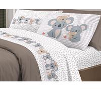 BIANCHERIAWEB Completo Lenzuola Letto Pensieri Delicati 100% Cotone Dis. Koala Family Piazza E Mezza Beige