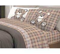 BIANCHERIAWEB Completo Lenzuola Linea Pensieri Delicati 100% Cotone Disegno Orsetto Tartan Matrimoniale Beige