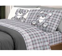 BIANCHERIAWEB Completo Lenzuola Linea Pensieri Delicati 100% Cotone Disegno Orsetto Tartan Piazza E Mezza Grigio