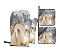 Bianco bellissimo cavallo simpatico pianto motosega guanti da forno e presine guanti da barbecue impermeabili e durevoli per cucinare cottura alla griglia set da 4 pezzi