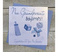 Bianco Carte di Cotone Blu Baby Sitter al Tempo Stesso su Nuove Grandparents Nuovo Bambino, Fatto a Mano, Bianco
