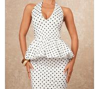 Bianco con pois neri, set estivo elegante da donna per tea festa, 2 pezzi, top con scollo a V e allacciatura al collo, peplo, gonna aderente a sirena, per ballo, banchetto, gala e serata L,M,S,XL,XS,X