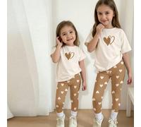 Bianco crema e cachi, stampa minimalista dolce a forma di cuore, completo carino con cerbiatto, maglietta a maniche corte e leggings morbidi e comodi adatti per bambina, ideali per primavera/estate, p