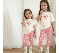 Bianco crema e rosa chiaro, stampa minimalista dolce a forma di cuore, completo carino con cerbiatto, maglietta a maniche corte e leggings rotondi, morbidi e comodi, adatti per primavera/estate, uso q