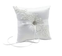Bianco Cuscino Ricamato per Nuziali - Portafedi Scatola Anelli Fedi Decorazione con Raso Arco Pizzo Strass per Proposte Matrimonio Cerimonia Dell'anello di Fidanzamento, 18x18cm, Bianca (A)