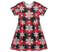 Bianco Fiocchi di Neve Plaid Ragazze Vestito Del Bambino Manica Corta Una Linea Quick Dry Sundress, 2T, Plaid con fiocchi di neve bianchi, 5-6 Anni
