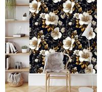 Bianco Fiori Carta da Parati Rimovibile Autoadesiva Piante Oro Foglie Impermeabile Ispessita Opaco Pellicola Adesivo Mobilia Decorativo Rullo Sticker per Cucina Camera da Letto Bagno 0.52x3 m