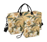 Bianco Giglio Fiore Strisce Giallo Chiaro Decorativo Spalla Weekender Pernottamento Borsa Tote Bag con Toiletry Bag per Allenamento 2 Pz Set bolso para Mujer