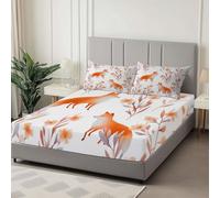 Bianco Lenzuola Matrimoniali con Angoli 180 x 200 cm Animale Volpe Pianta, Morbido e Lavabile in Lavatrice Lenzuolo Sotto con Angoli Elasticizzatoper Altezza Materasso fino 30cm