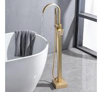 BiaoTeng Miscelatore a Colonna per Vasca Freestanding Girevole a 360° Monocomando Caldo e Freddo Rubinetto a Cascata per Vasca da Bagno con Doccino Oro Spazzolato