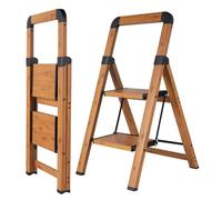BIBKOKE Scaletta pieghevole a 2 gradini con finitura in legno e alluminio, antiscivolo, portatile, robusto, per casa e cucina, ufficio, 150 kg