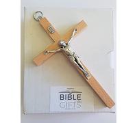Biblegifts - Crocifisso da parete in legno di faggio con figura di Cristo del Corpo, piccolo anello in metallo alto 12 cm