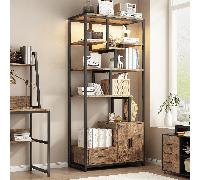 Biblioteca a 6 livelli con LED, Mobile di Stoccaggio con Cassetto e 2 Porte, Struttura in Metallo, Marrone e Nero Libreria con 1 cassetto e 2 ante - Ampio spazio di archiviazioneCon dimensioni di 39 x