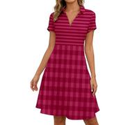 BIBOKAOKE Abito da donna a maniche corte con strisce a quadri, alla moda, con scollo a V, elegante abito estivo per il tempo libero, la spiaggia e le gite casual, Stil#v07 rosso, S