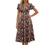 BIBOKAOKE Abito da donna con motivo floreale - Elegante abito estivo con maniche corte a sbuffo e girocollo, maxi abito leggero che scorre per il tempo libero e la spiaggia, Stil#j04 Marrone, XL