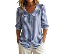 BIBOKAOKE Camicia da donna a maniche lunghe con bottoni, colletto Peter Pan, a righe, casual, camicetta leggera, elegante e per il tempo libero, Stil#A02 Blu, XL