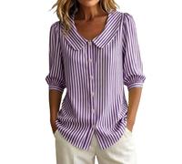 BIBOKAOKE Camicia da donna a maniche lunghe con bottoni, colletto Peter Pan, a righe, casual, camicetta leggera, elegante e per il tempo libero, Stil#a04 viola, XL