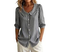 BIBOKAOKE Camicia da donna a maniche lunghe con bottoni, colletto Peter Pan, a righe, casual, camicetta leggera, elegante e per il tempo libero, Stil#a01 Nero, M
