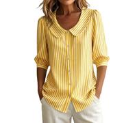 BIBOKAOKE Camicia da donna a maniche lunghe con bottoni, colletto Peter Pan, a righe, casual, camicetta leggera, elegante e per il tempo libero, Stil#a07 Giallo, 3XL