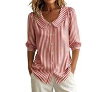 BIBOKAOKE Camicia da donna a maniche lunghe con bottoni, colletto Peter Pan, a righe, casual, camicetta leggera, elegante e per il tempo libero, Stil#A06 Rosso, L