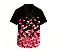 BIBOKAOKE Camicia da uomo a maniche corte con stampa a cuore, romantica, a maniche corte, look San Valentino, casual, per l'estate e le vacanze, Stil#v01 Nero, 4XL