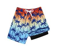 BIBOKAOKE Costume da bagno da uomo con stampa di palme e gradiente di colore - Pantaloni corti casual con pantaloncini interni e tasche | Pantaloncini da spiaggia a due strati per vacanze e piscina
