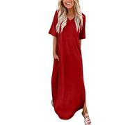 BIBOKAOKE Maxi abito da donna con scollo a V e maniche corte - Abito comodo con tasche laterali | Elegante abito da spiaggia per vacanze e giornate rilassanti, Stil#t14 rosso, XL