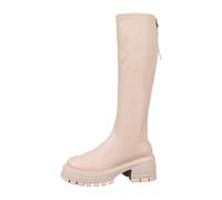 BIBOKAOKE Stivali da donna con tacco a blocco, a mezza altezza, comodi temperamatite in pelle, per attività invernali, alla moda, scarpe da trekking con suola profilata, beige., 35 EU