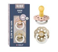 BIBS Boheme GLOW Ciuccio, 6-18 mesi, confezione da 2, Blush/Vanilla | Tettarella rotonda | Lattice di gomma naturale | Taglia 2 | Senza BPA | Prodotto in Danimarca | Anello fosforescente