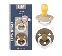 BIBS Colour Ciuccio confezione da 2 pezzi. Privo di BPA. Fluorescente, Vanilla Glow/Dark Oak Glow Taglia 3 (Confezione da 2)