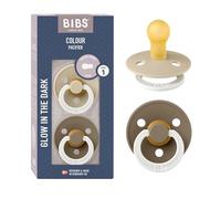 BIBS Colour Ciuccio confezione da 2 pezzi. Privo di BPA, Tettarella tonda. Lattice di gomma naturale, Misura 1 (0-6 mesi), Vanilla NIGHT/Dark Oak NIGHT