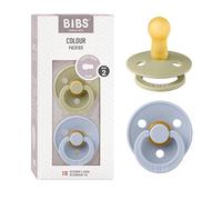 BIBS Colour Ciuccio confezione da 2 pezzi. Privo di BPA, Tettarella tonda. Lattice di gomma naturale, Prodotto in Danimarca. Misura 2 (6-18 mesi), Khaki/Dusty Blue