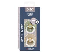 BIBS Colour Glow - Ciuccio a forma di ciliegia, confezione da 2 pezzi, senza BPA, luce al buio, in gomma naturale/lattice, prodotto in Danimarca, misura 2 (0-6 mesi), Sage Glow/Vanilla Glow