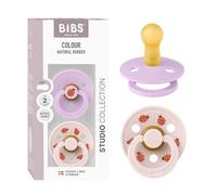 BIBS Colour Studio Ciuccio confezione da 2 pezzi. Privo di BPA, Tettarella tonda. Lattice di gomma naturale, Prodotto in Danimarca, Taglia 2 (6-18 mesi), Violet Sky/Petal