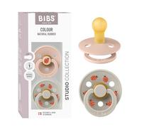 BIBS Colour Studio Ciuccio confezione da 2 pezzi. Privo di BPA, Tettarella tonda. Lattice di gomma naturale, Prodotto in Danimarca, Taglia 1 (0-6 mesi), Blush/Sand